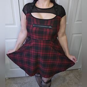 Killstar Red and Black Plaid Dress with Mesh Top XL